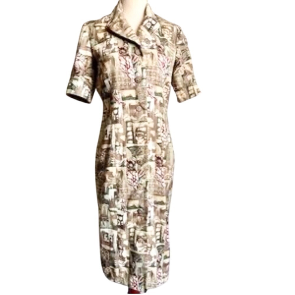 RARE Leslie Fay 80s vintage Midi Shift Dress Sz 10P Bark-Style Abstract Pattern